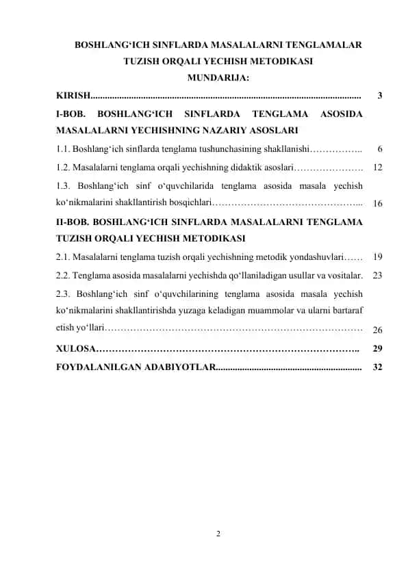 Boshlang‘ich sinflarda masalalarni tenglamalar tuzish orqali yechish metodikasi