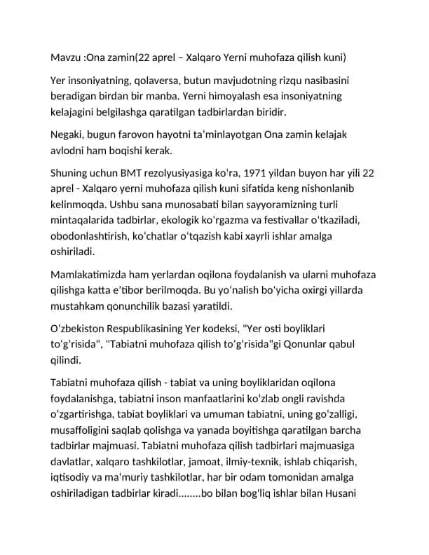 Ona zamin (22 aprel – Xalqaro Yerni muhofaza qilish kuni)