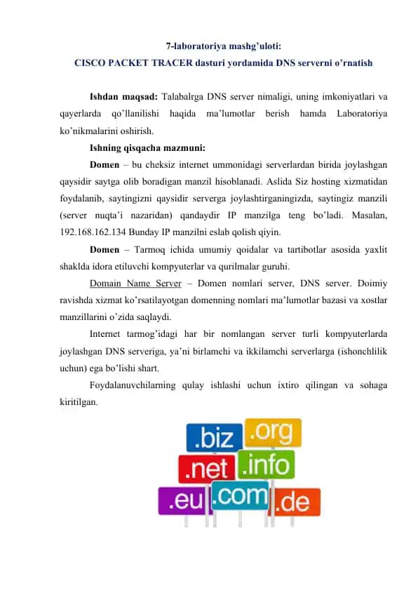 CISCO PACKET TRACER dasturi yordamida DNS serverni o'rnatish