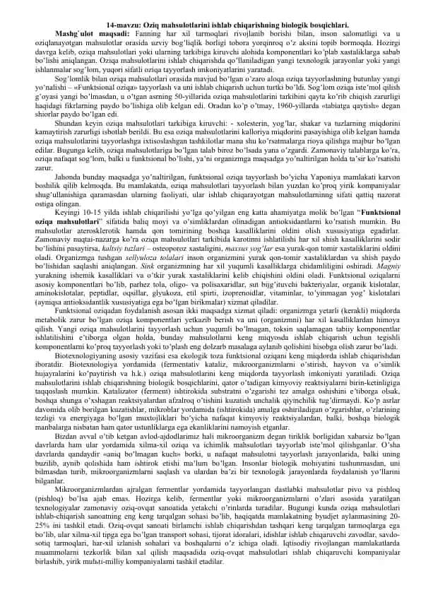 Oziq mahsulotlarini ishlab chiqarishning biologik bosqichlari