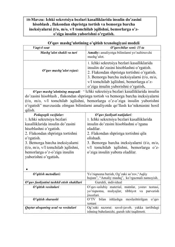 Ichki sekretsiya bezlari kasalliklarida insulin do’zasini hisoblash, flakondan shpristga tortish va bemorga barcha ineksiyalarni (t/o, m/o, v/I tomchilab )qilishni, bemorlarga o’z-o’ziga insulin yuborishni o’rgatish