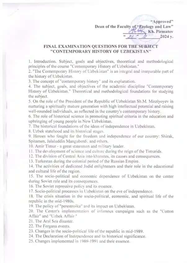 Final Examination Questions for the Subject "Contemporary History of Uzbekistan"