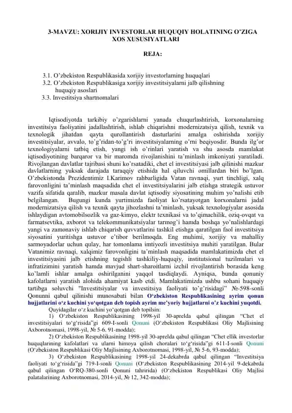 Xorijiy investorlar huquqiy holatining o'ziga xos xususiyatlari