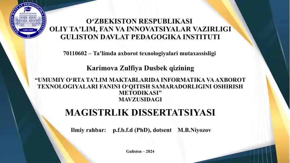 UMUMIY O‘RTA TA’LIM MAKTABLARIDA INFORMATIKA VA AXBOROT TEXNOLOGIYALARI FANINI O‘QITISH SAMARADORLIGINI OSHIRISH METODIKASI