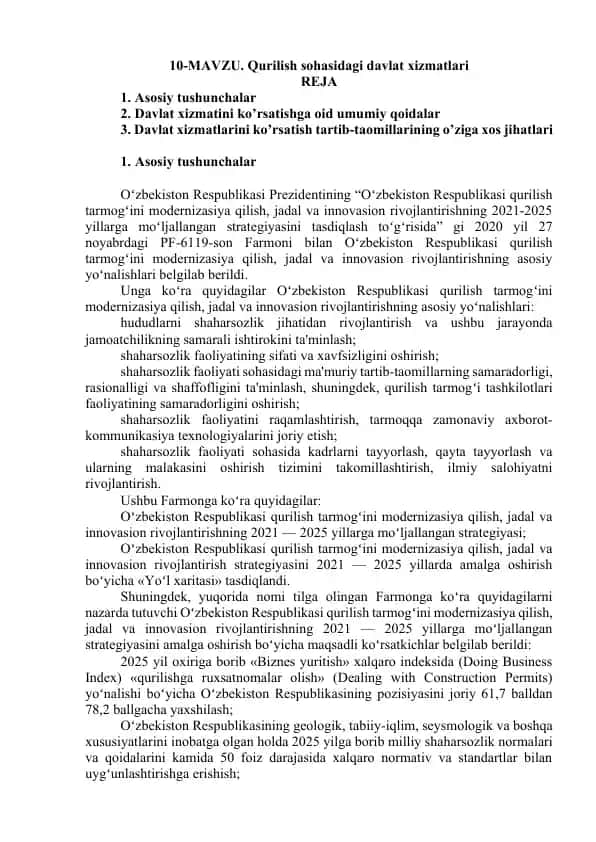 Qurilish sohasidagi davlat xizmatlari