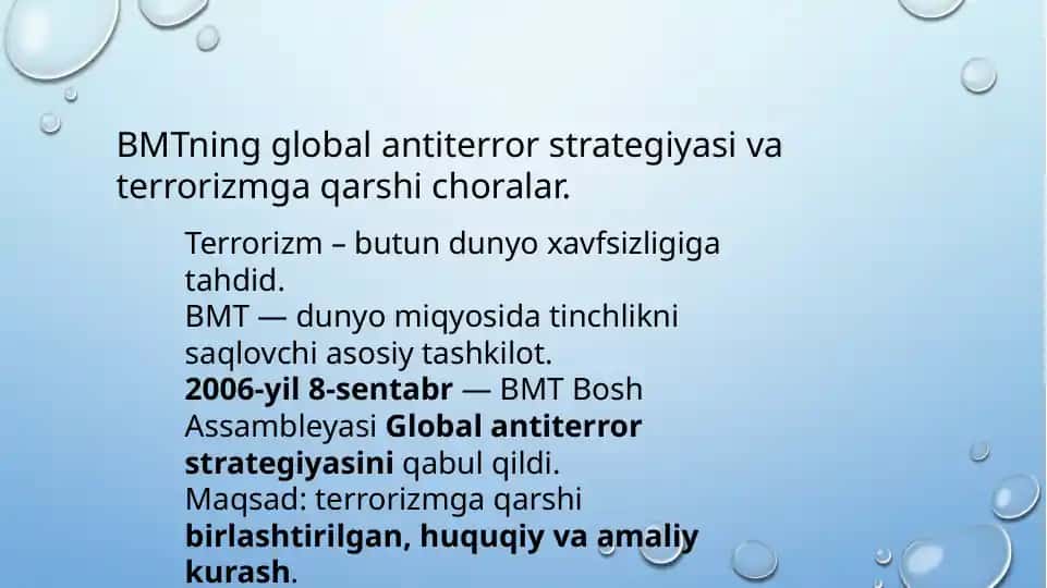 BMTning global antiterror strategiyasi va terrorizmga qarshi choralar