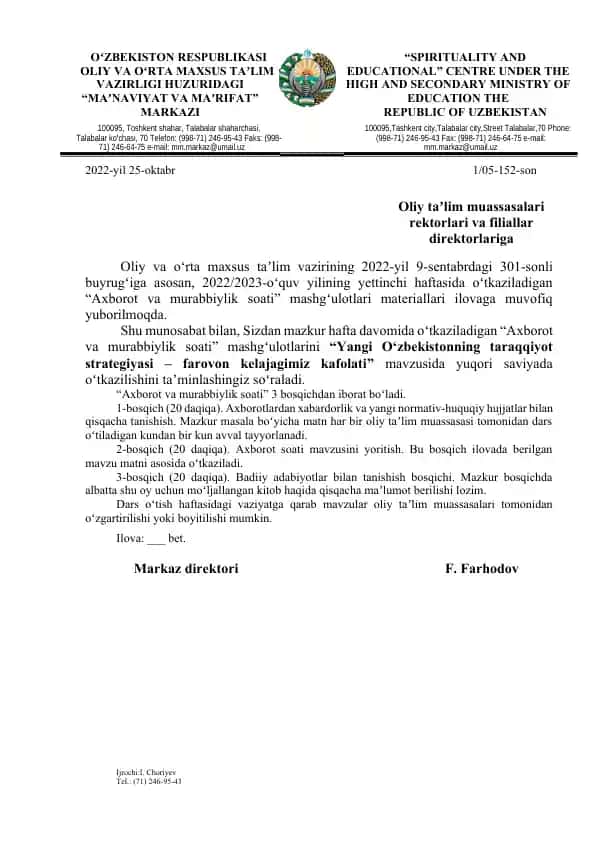 "Axborot va murabbiylik soati" mashg'ulotlari