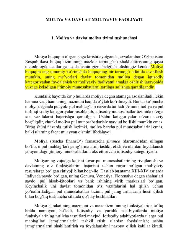 Moliya va davlat moliyaviy faoliyati