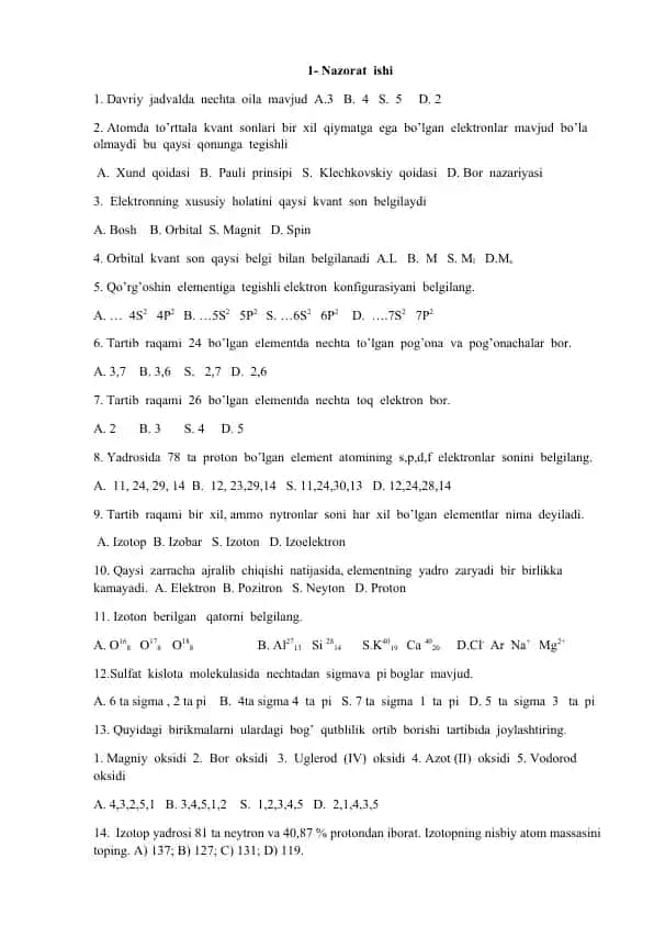 Kimyo nazariyasi test savollar