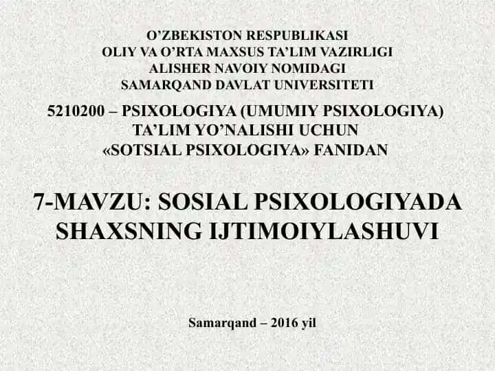 "Sotsial psixologiyada shaxsning ijtimoiylashuvi"