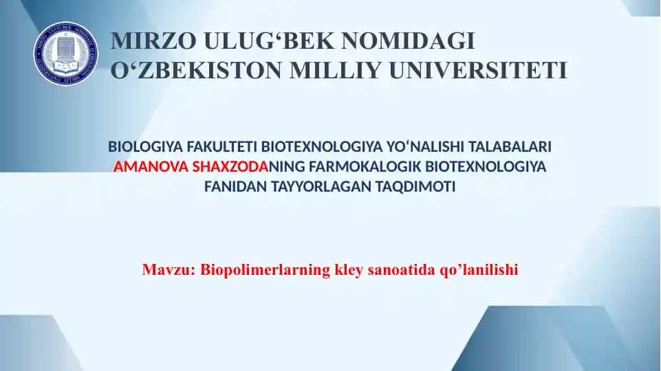 FARMOKALOGIK BIOTEXNOLOGIYA, BIOPOLIMERLARDAN KLEY OLSIH. SANOATDA KLEY OLISH
