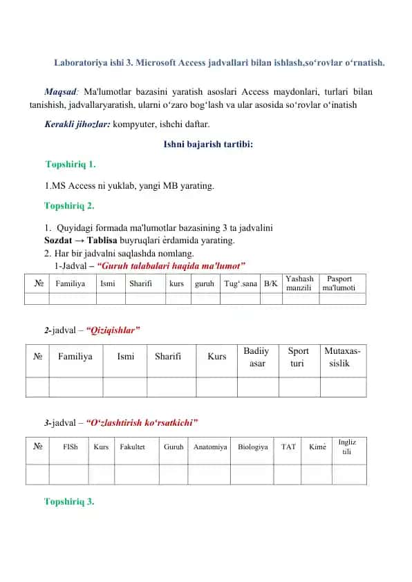 Laboratoriya ishi 3. Microsoft Access jadvallari bilan ishlash, soʻrovlar oʻrnatish