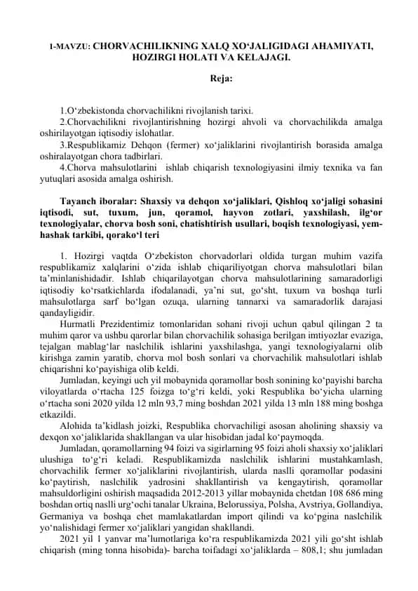 Chorvachilikning Xalq Xo‘jaligidagi Ahmiyati, Hozirgi Holati va Kelajagi