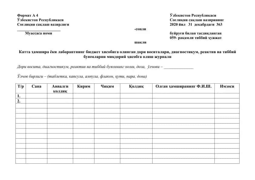 Katta hamshira yoki laborantning byujet hisobiga olinadigan dori vositalari, diagnostikum, reaktiv va tibbiy buyumlar miqdoriy hisobga olish jurnali
