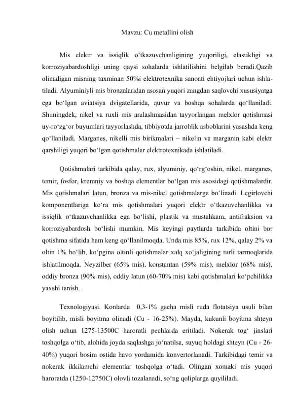 Cu metallini olish