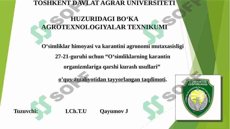 O'simliklar himoyasi va karantini mutaxassislari uchun mavzulashtirilgan taqdimot. Biolaboratoriyalarda trixogrammani, brakonni, oltinko'zni ko'paytirish texnologiyasi bilan tanishish