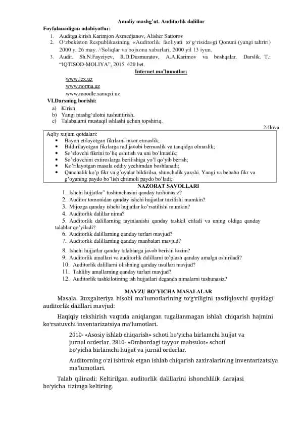 Amaliy mashg’ot. Auditorlik dalillar
