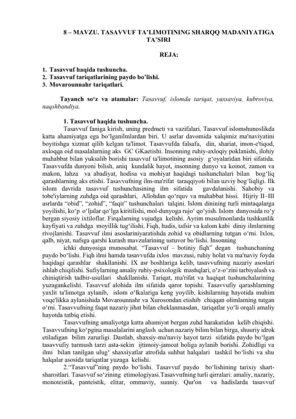 TASAVVUF TA’LIMOTINING SHARQQ MADANIYATIGA TA’SIRI