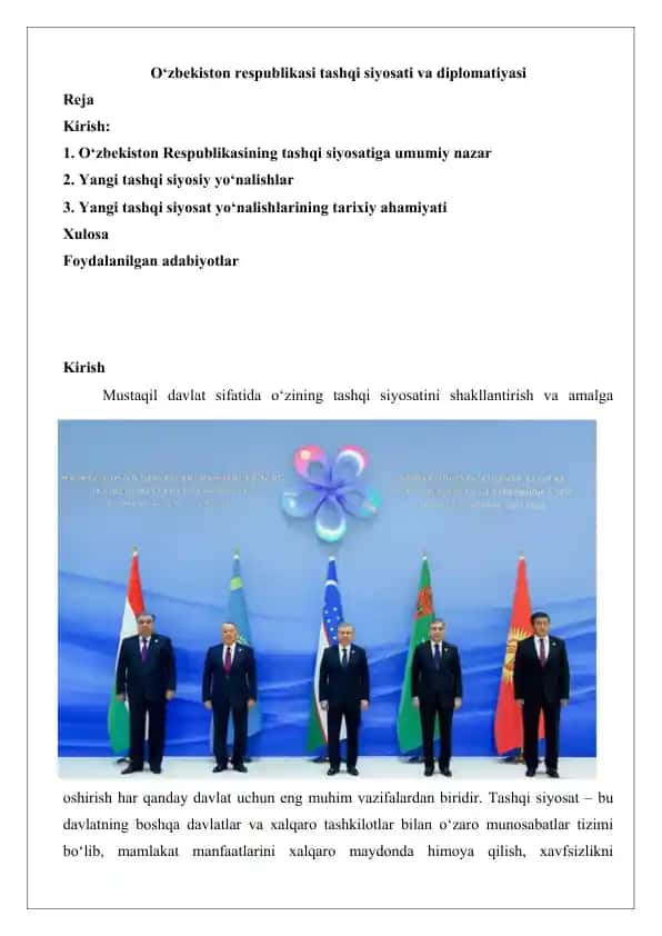 O‘zbekiston respublikasi tashqi siyosati va diplomatiyasi