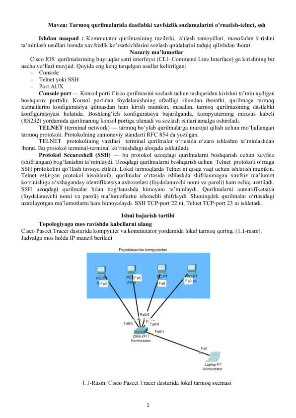 Tarmoq qurilmalarida dastlabki xavfsizlik sozlamalarini o’rnatish-telnet, ssh