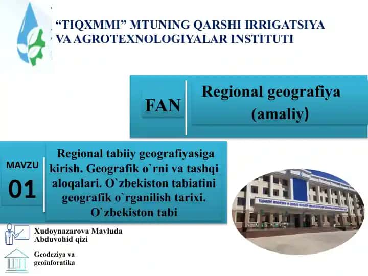 PowerPoint x 4 TOSHKENT IRRIGATSIYA VA QISHLOQ XUDOYXONALIGINI MEXANIZATSIYALASH MUHANDISLARI INSTITUT