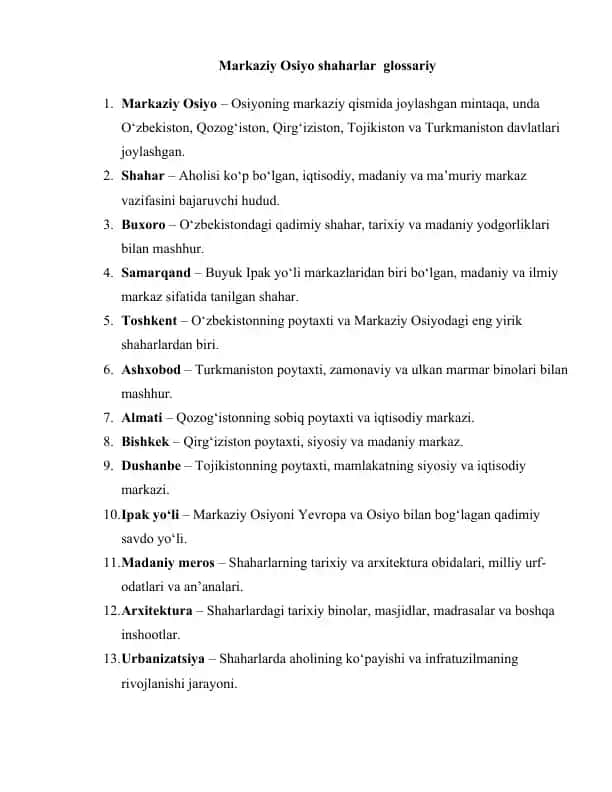 Markaziy Osiyo shaharlar glossariy