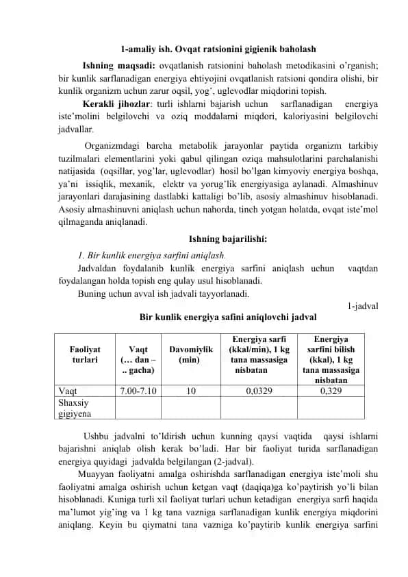 Ovqat ratsionini gigienik baholash