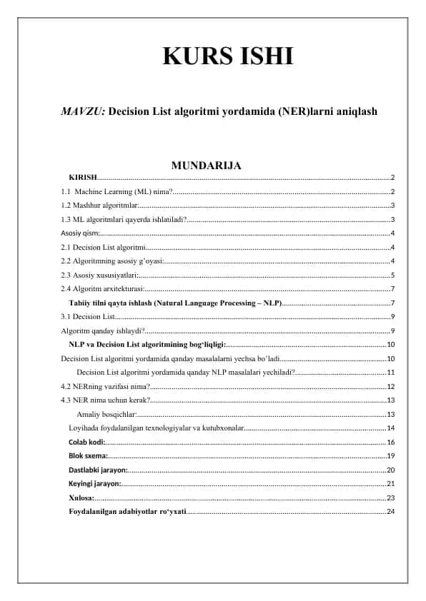Decision List algoritmi yordamida (NER)larni aniqlash