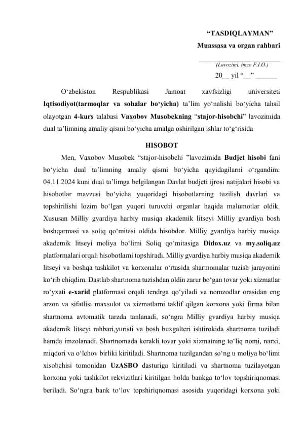 Davlat budjeti ijrosi natijalari hisobi va hisobotlar mavzusi bo‘yicha hisobot