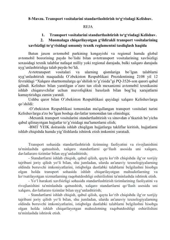 Transport vositalarini standartlashtirish to‘g‘risidagi Kelishuv