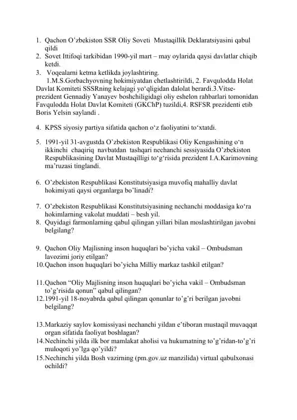 Oʻzbekiston tarixi savol-banki (85 ta savol)
