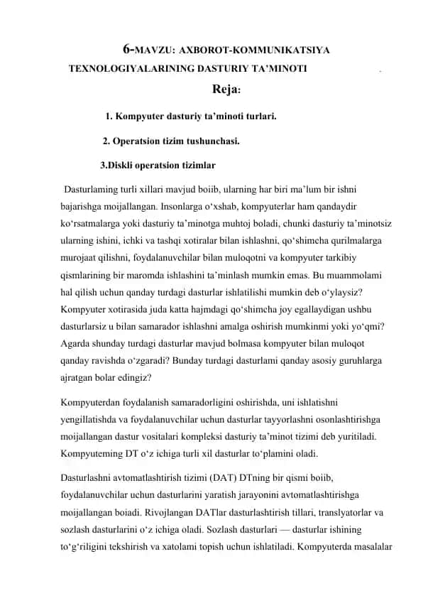 AXBOROT-KOMMUNIKATSIYA TEXNOLOGIYALARINING DASTURIY TA’MINOTI