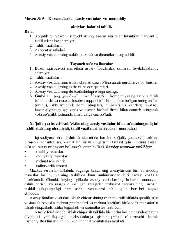 Korxonalarda asosiy vositalar va nomoddiy aktivlar holatini tahlili