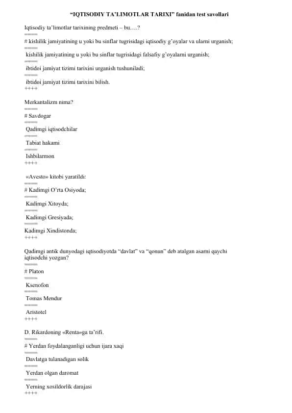 "IQTISODIY TA’LIMOTLAR TARIXI" fanidan test savollari