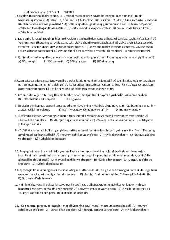 Online dars adabiyot 5-sinf ZIYOBEY