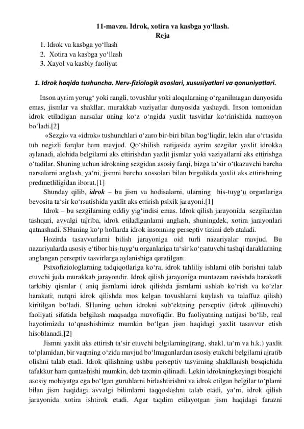 Idrok, xotira va kasbga yo‘llash