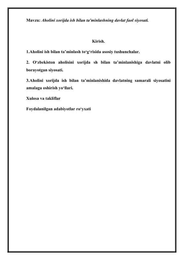 Aholini xorijda ish bilan ta'minlash siyosati referati