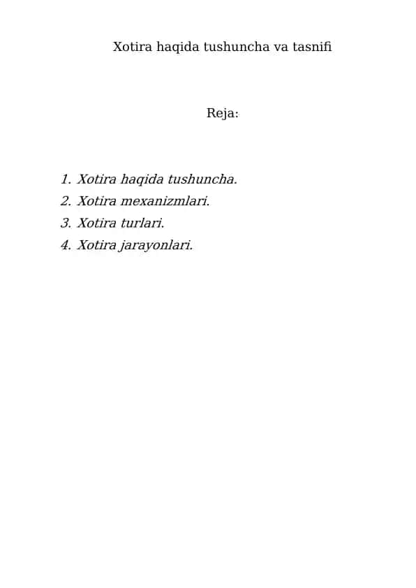 Xotira haqida tushuncha va tasnifi