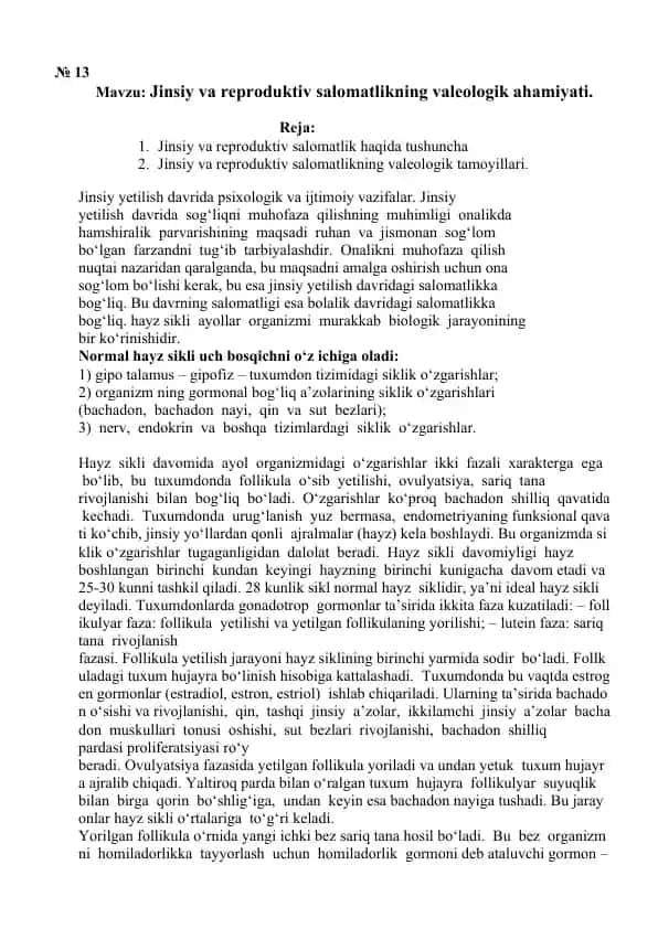 Jinsiy va reproduktiv salomatlikning valeologik ahamiyati