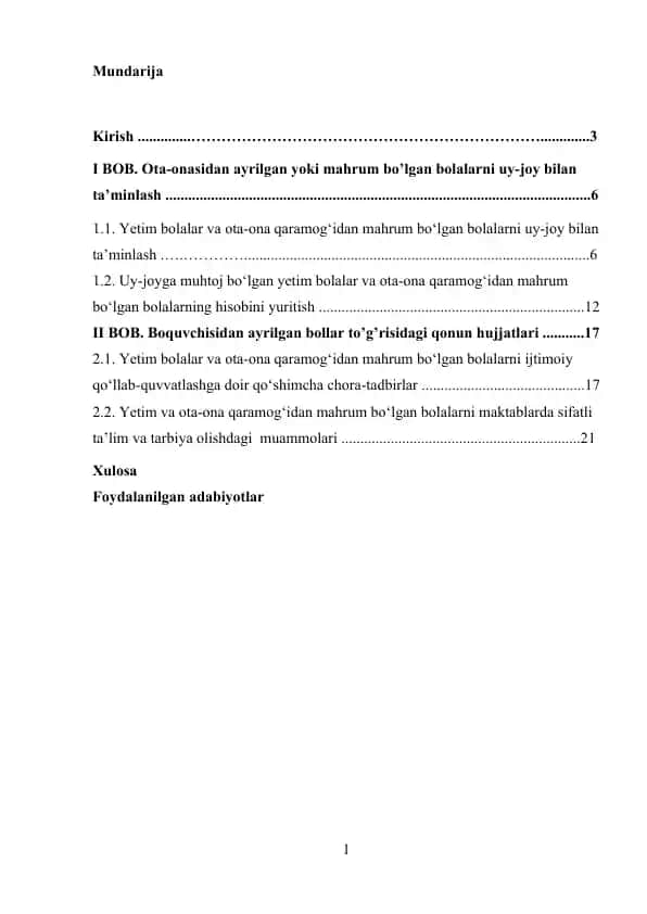 Yetim Bolalar va Ota-onadan Mahrum Bo'lgan Bolalarni Uy-joy Bilan Ta'minlash