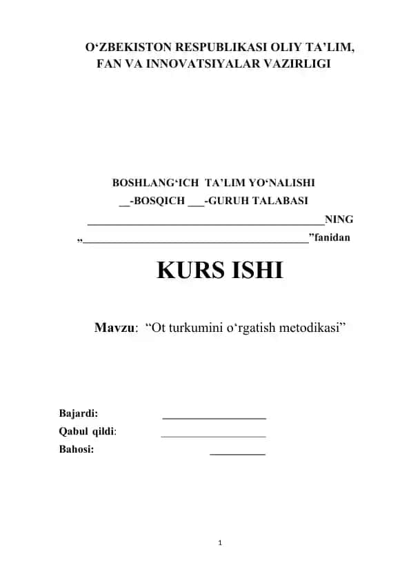 Ot turkumini o‘rgatish metodikasi mavzusida kurs ishi