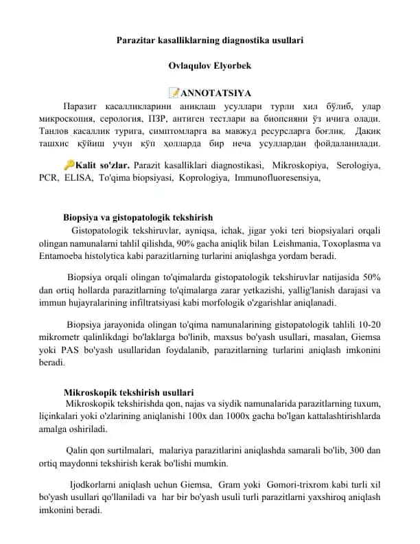 Parazitar kasalliklarning diagnostika usullari