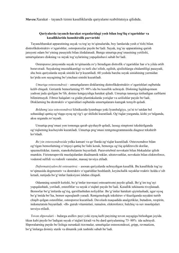 Xarakat – tayanch tizimi kasalliklarida qariyalarni reabilitatsiya qilishda