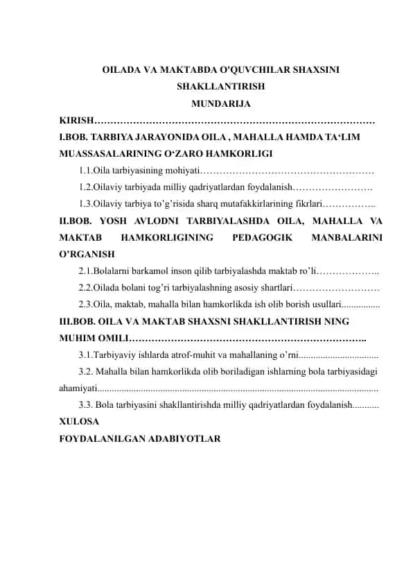 OILADA VA MAKTABDA O'QUVCHILAR SHAXSINI SHAKLLANTIRISH