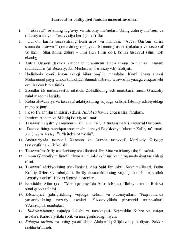 Tasavvuf va badiiy ijod fanidan nazorat savollari