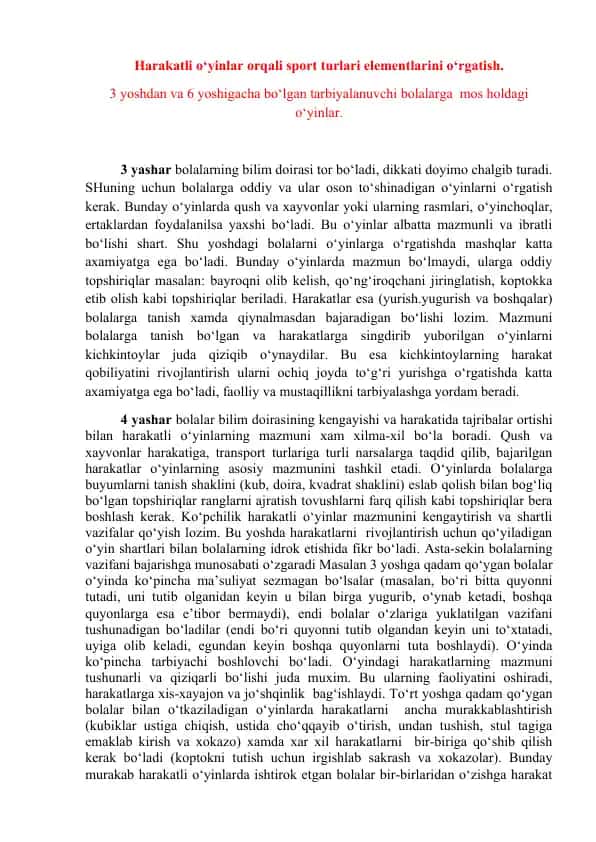 Harakatli o‘yinlar orqali sport turlari elementlarini o‘rgatish