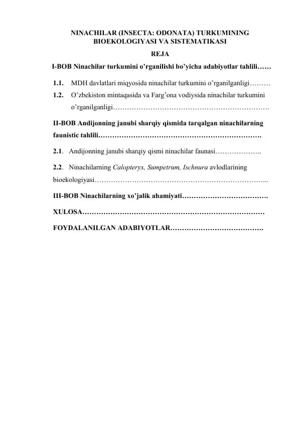 NINACHILAR (INSECTA: ODONATA) TURKUMINING BIOEKOLOGIYASI VA SISTEMATIKASI