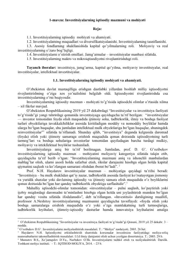 Investitsiyalarning iqtisodiy mazmuni va mohiyati