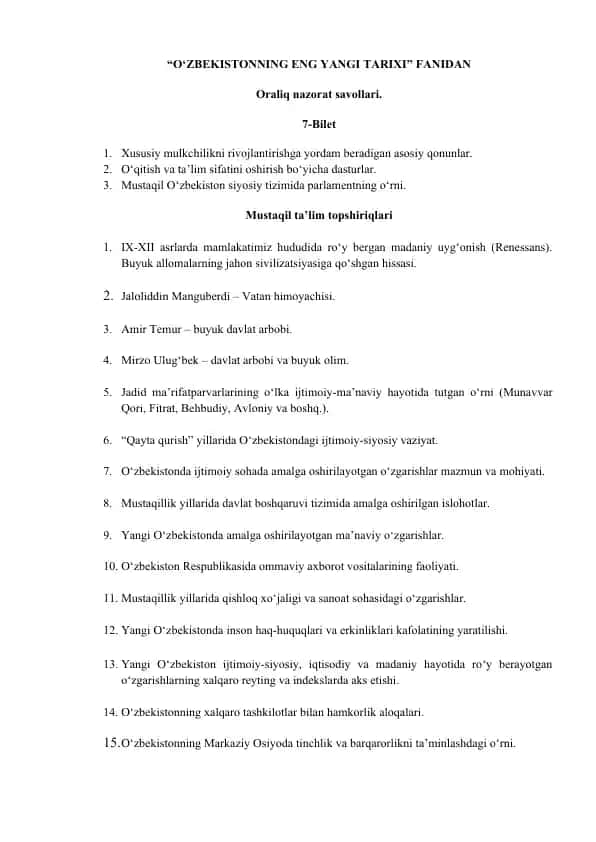 O‘ZBEKISTONNING ENG YANGI TARIXI