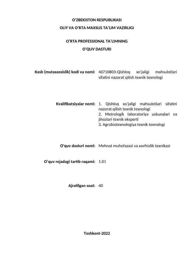 Mehmat muhofazasi va xavfsizlik texnikasi